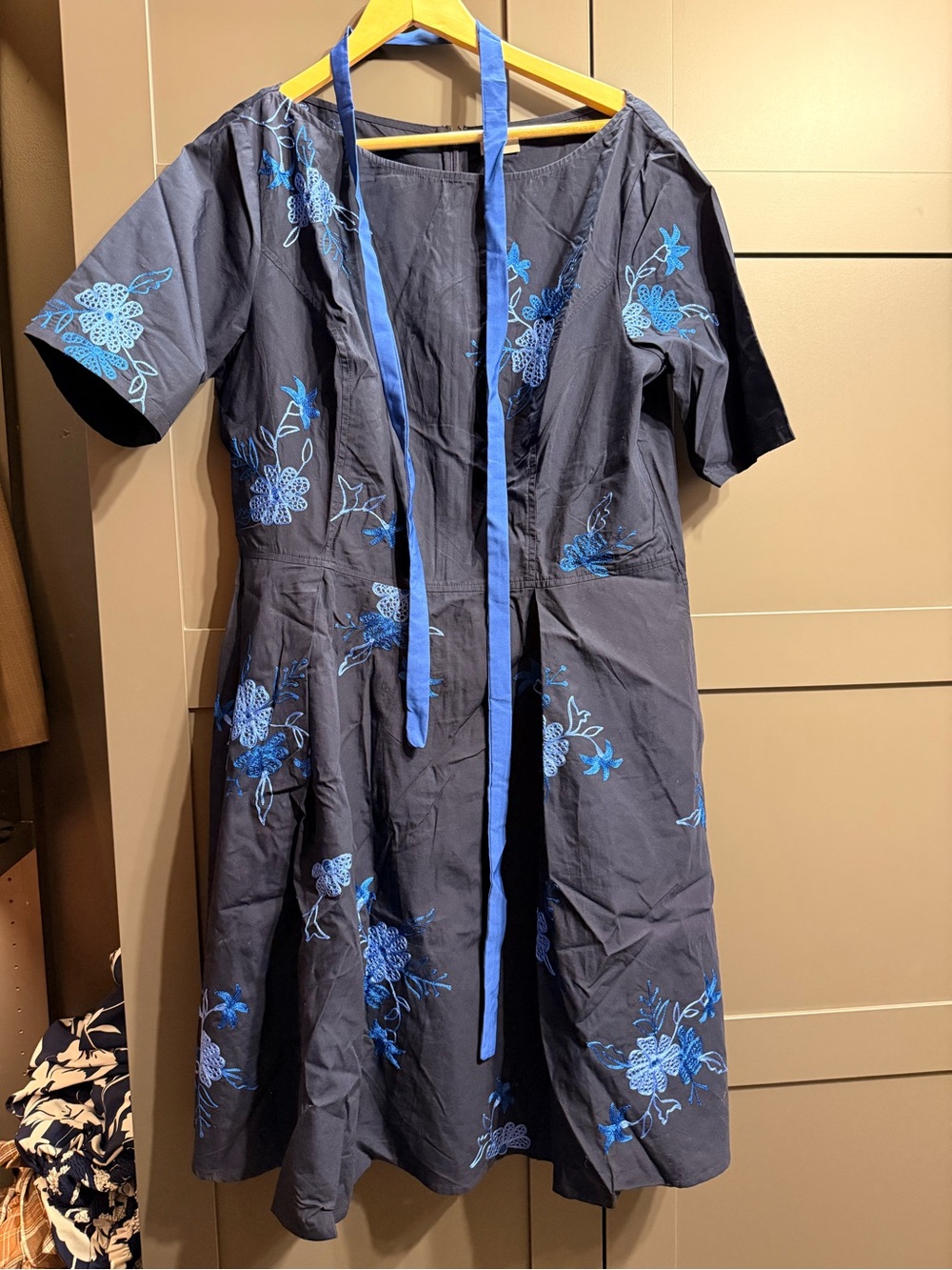 eshakti Navy Knee-length Dress with Bright Blue Floral Embroidery